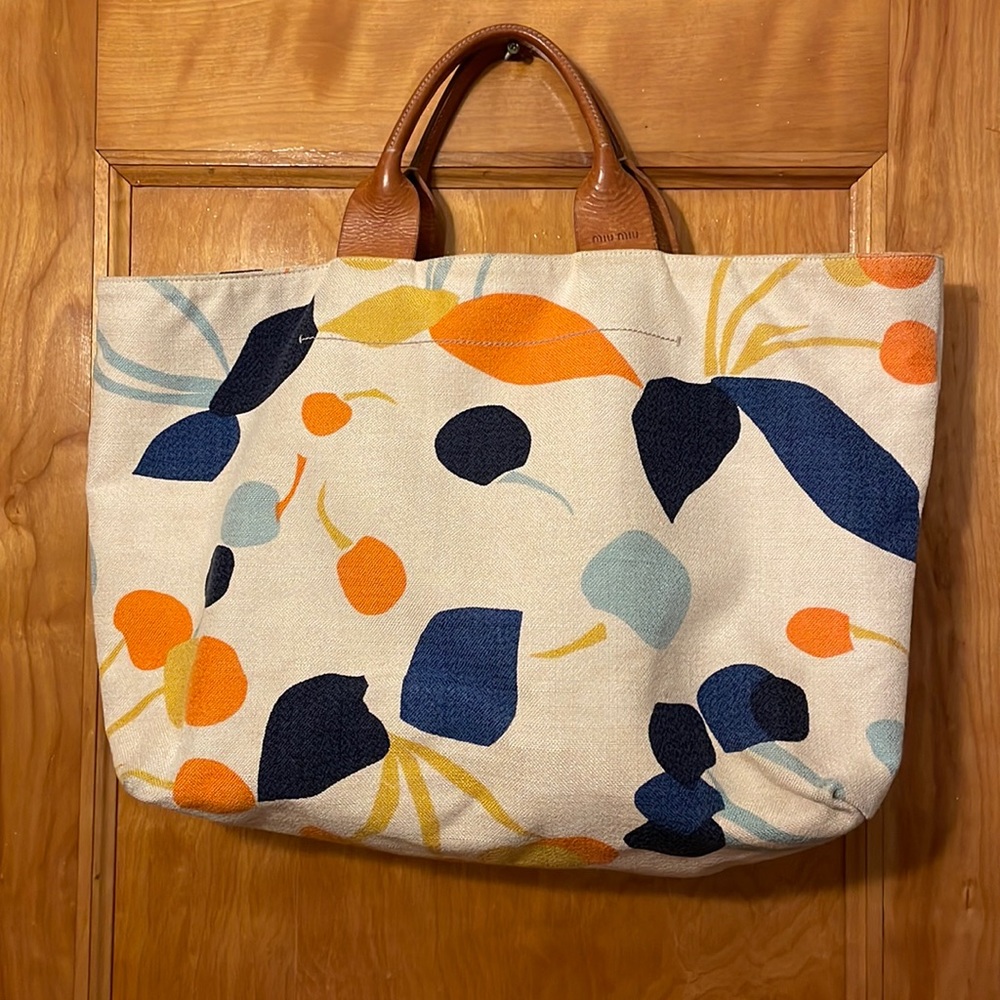 2000s Miu Miu Large Floral canvas and leather tote